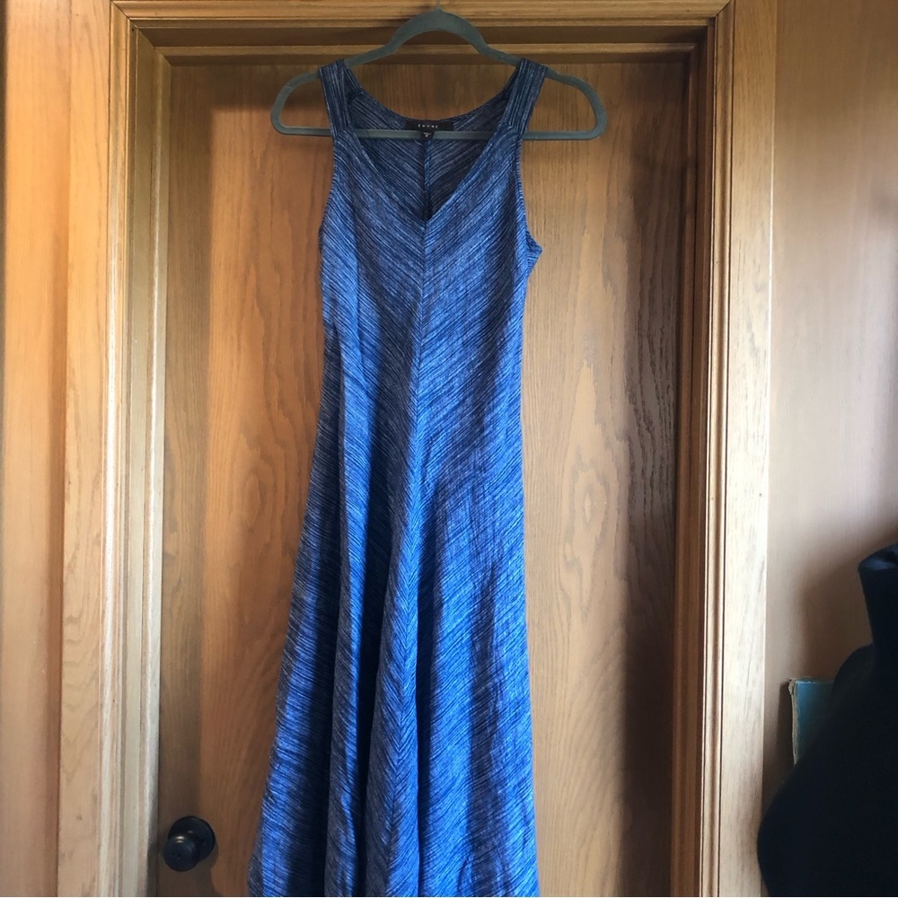 Fever linen blend woven fabric Hankerchief hem midi dress navy blue v neck S